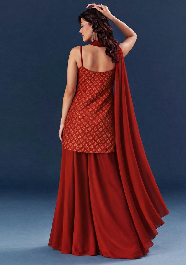 Red Brocade Sharara Set - Indya