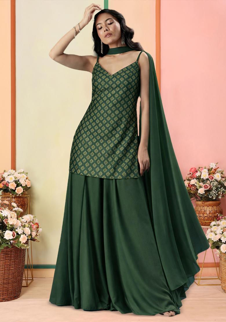 Bottle Green Brocade Sharara Set - Indya
