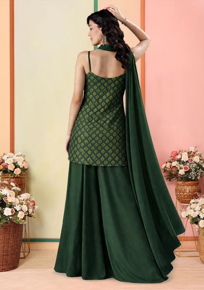 Bottle Green Brocade Sharara Set - Indya