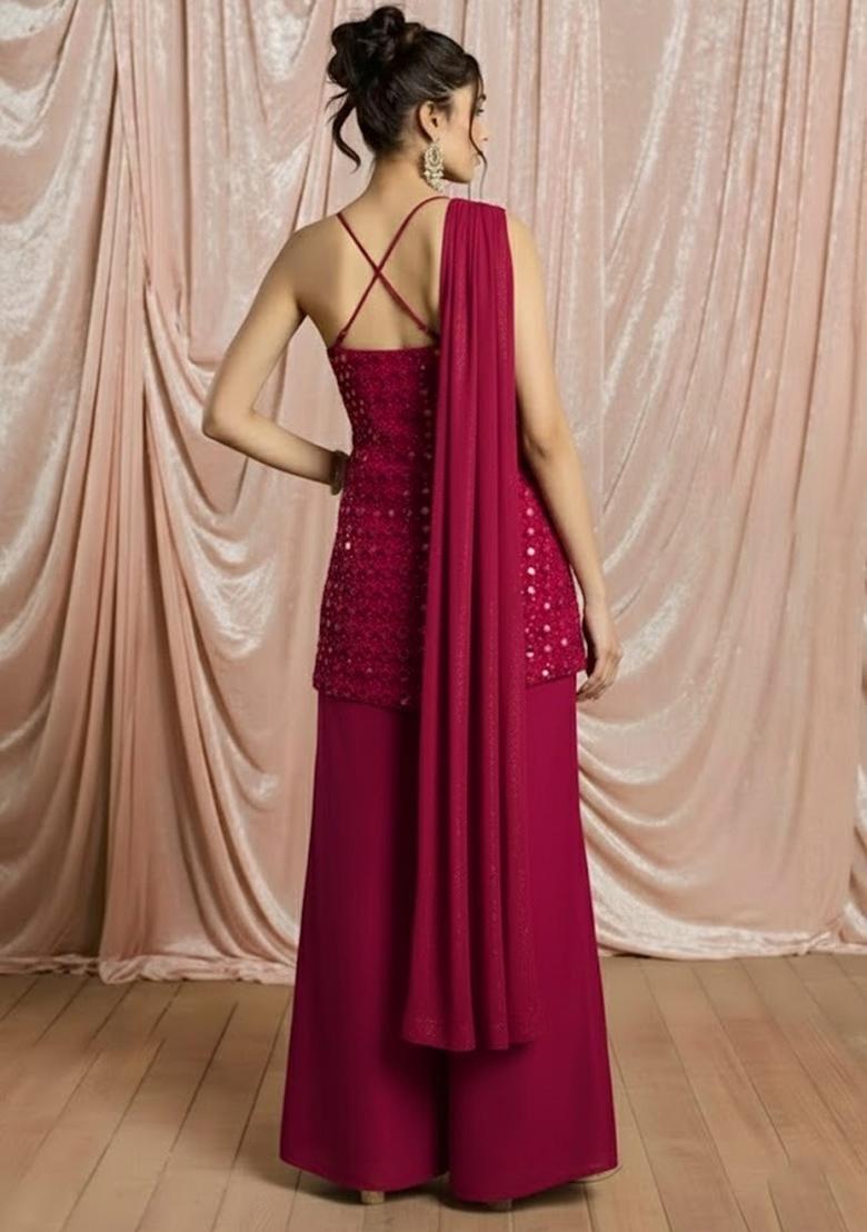 Rani Pink Embellished Net Kurta Set - Indya