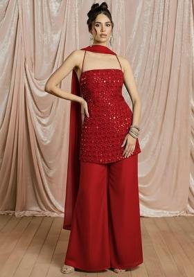 Red Embellished Net Kurta Set