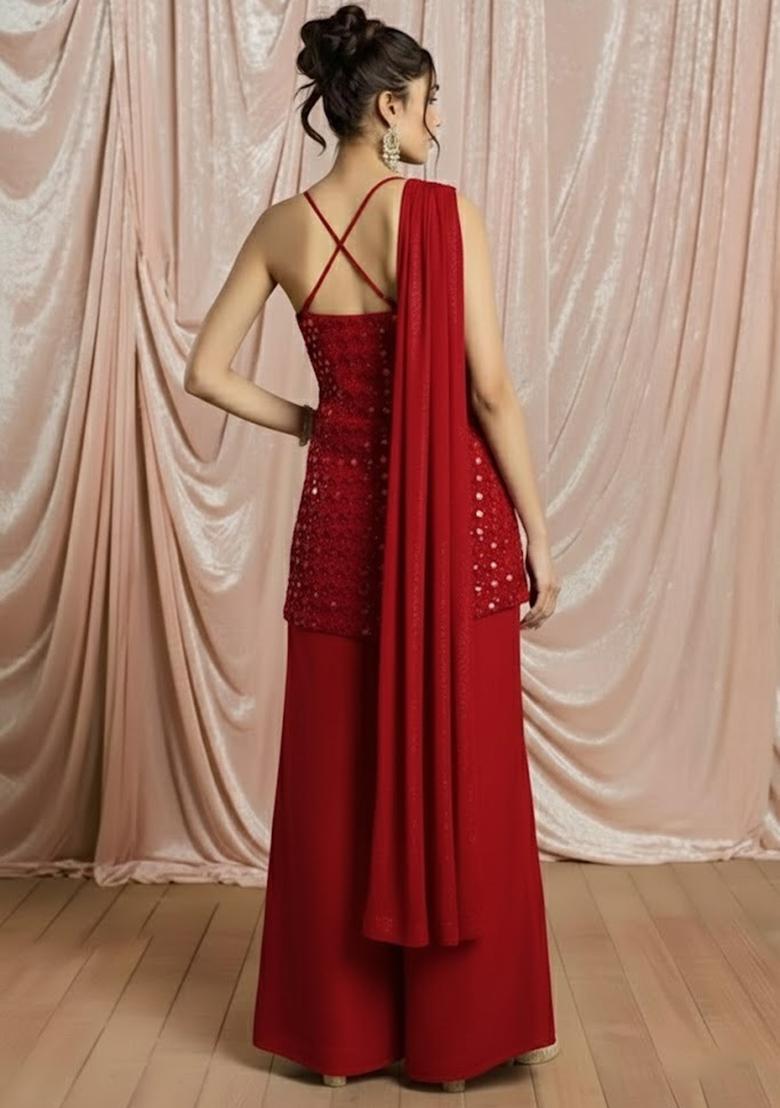 Red Embellished Net Kurta Set - Indya