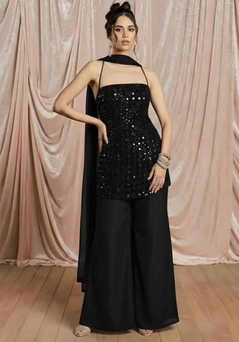 Black Sequin Work Net Sharara Set