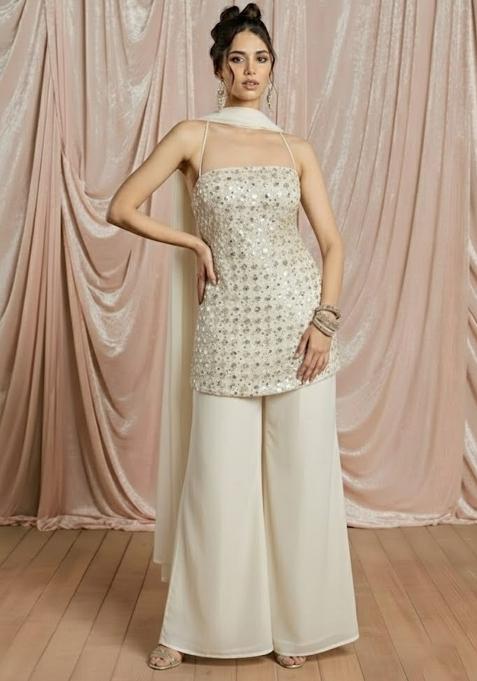 White Sequin Work Net Sharara Set