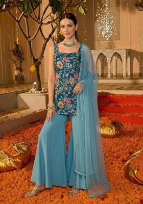 Blue Floral Print Crepe Sharara Set