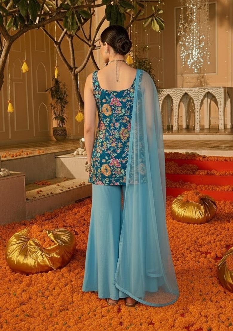 Blue Floral Print Crepe Sharara Set - Indya