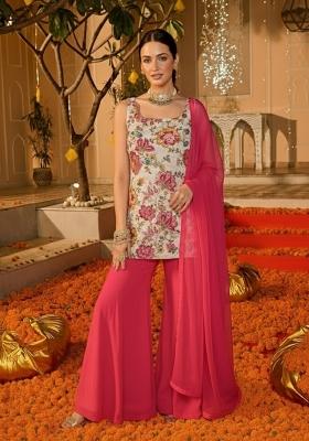 Pink Floral Print Crepe Sharara Set