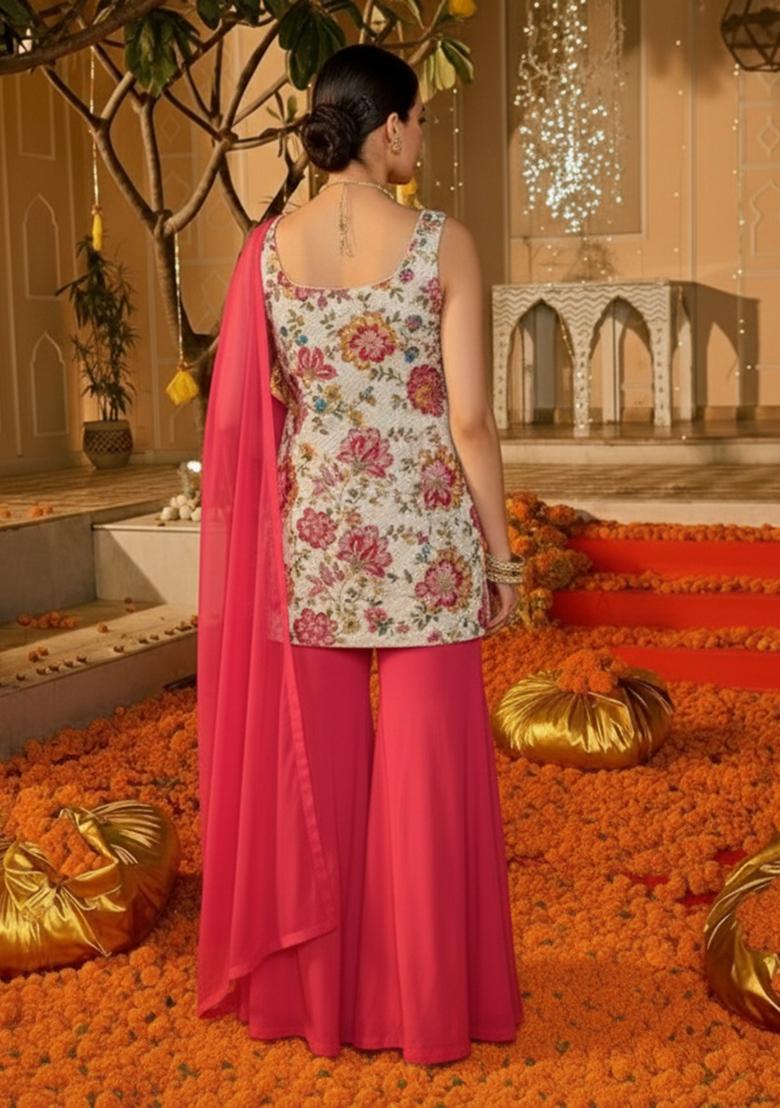 Pink Floral Print Crepe Sharara Set - Indya