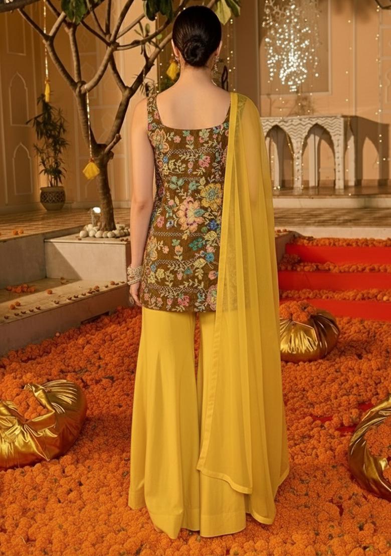 Yellow Floral Print Crepe Sharara Set - Indya