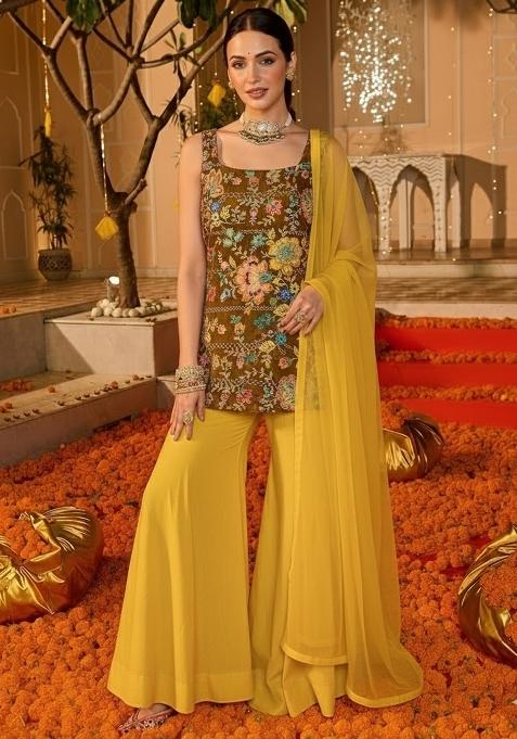 Yellow Floral Print Crepe Sharara Set