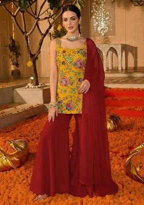 Maroon Floral Print Crepe Sharara Set