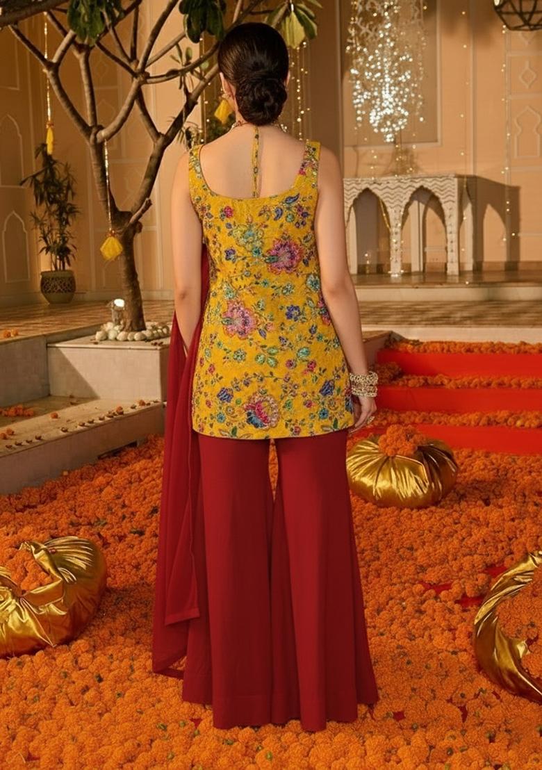 Maroon Floral Print Crepe Sharara Set - Indya