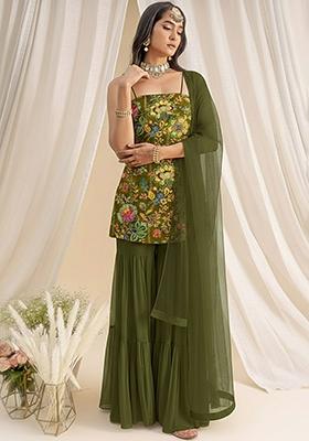 Olive Green Floral Print Crepe Sharara Set