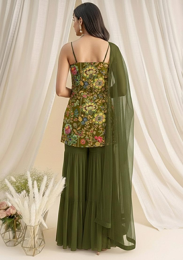 Olive Green Floral Print Crepe Sharara Set - Indya