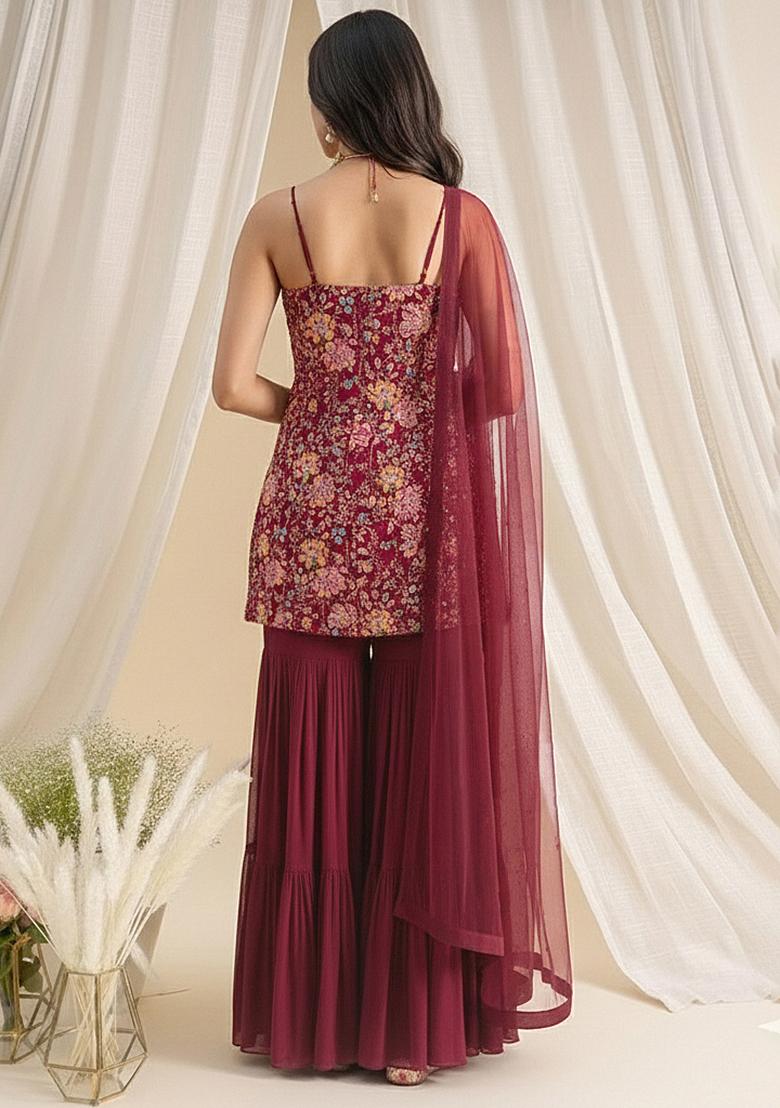 Rani Pink Floral Print Crepe Sharara Set - Indya