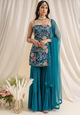 Blue Floral Print Crepe Sharara Set