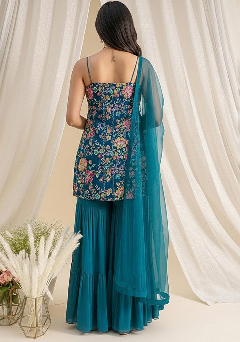 Blue Floral Print Crepe Sharara Set - Indya