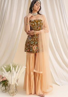 Peach Floral Print Crepe Sharara Set