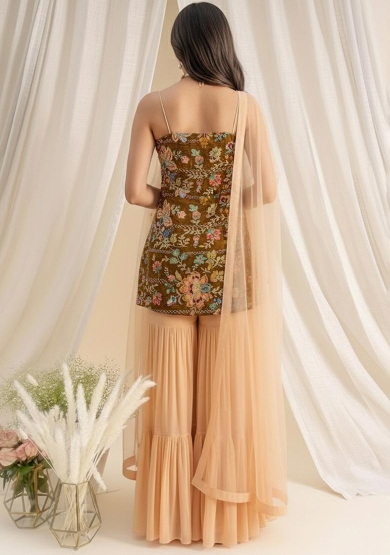 Peach Floral Print Crepe Sharara Set - Indya