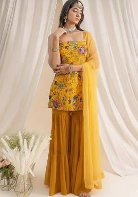 Yellow Floral Print Crepe Sharara Set