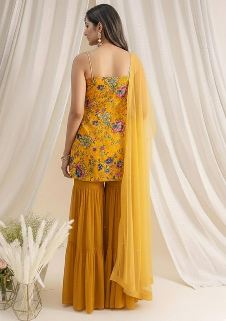 Yellow Floral Print Crepe Sharara Set - Indya