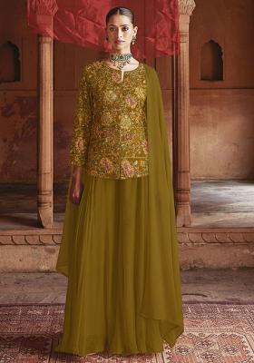 Olive Green Figure Print Crepe Sharara Set