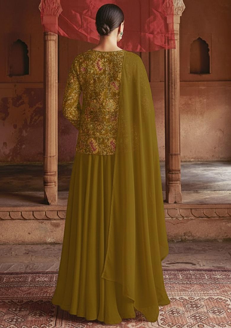 Olive Green Figure Print Crepe Sharara Set - Indya