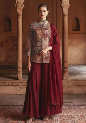 Maroon Figure Print Crepe Sharara Set