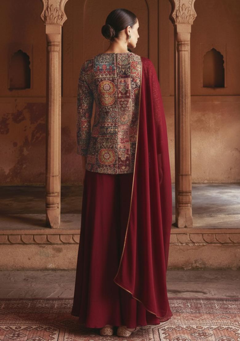 Maroon Figure Print Crepe Sharara Set - Indya