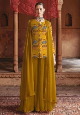 Mustard Yellow Figure Print Crepe Sharara Set