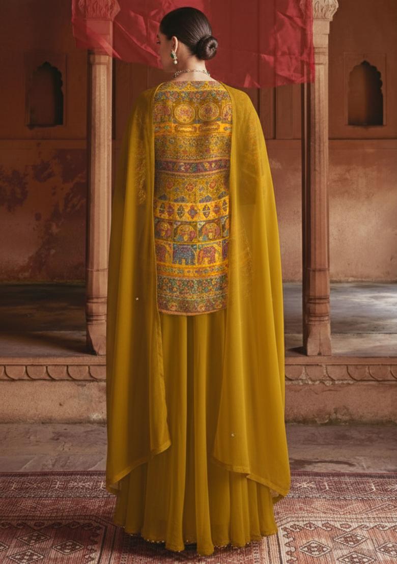 Mustard Yellow Figure Print Crepe Sharara Set - Indya