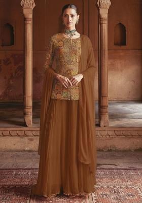 Brown Figure Print Crepe Sharara Set