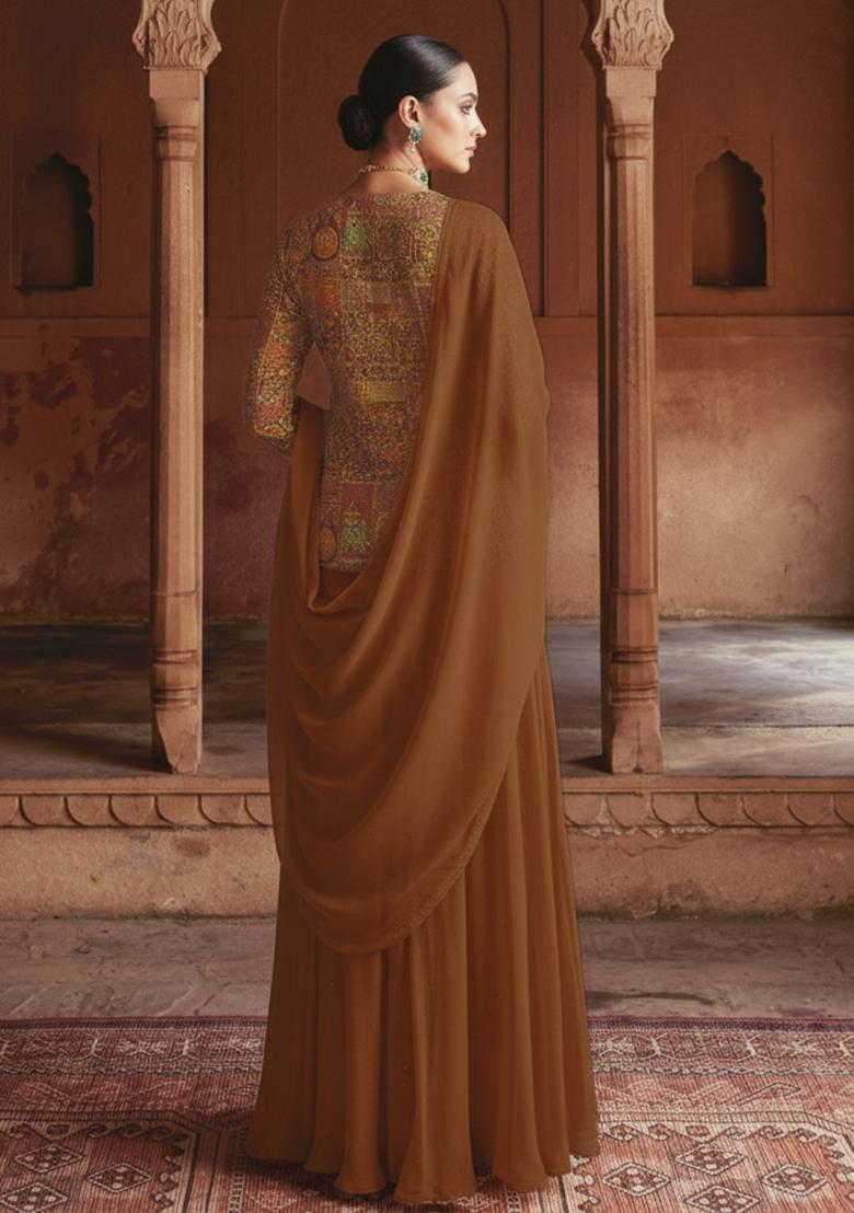 Brown Figure Print Crepe Sharara Set - Indya