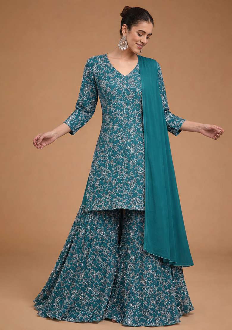 Teal Blue Embroidered Crepe Sharara Set - Indya