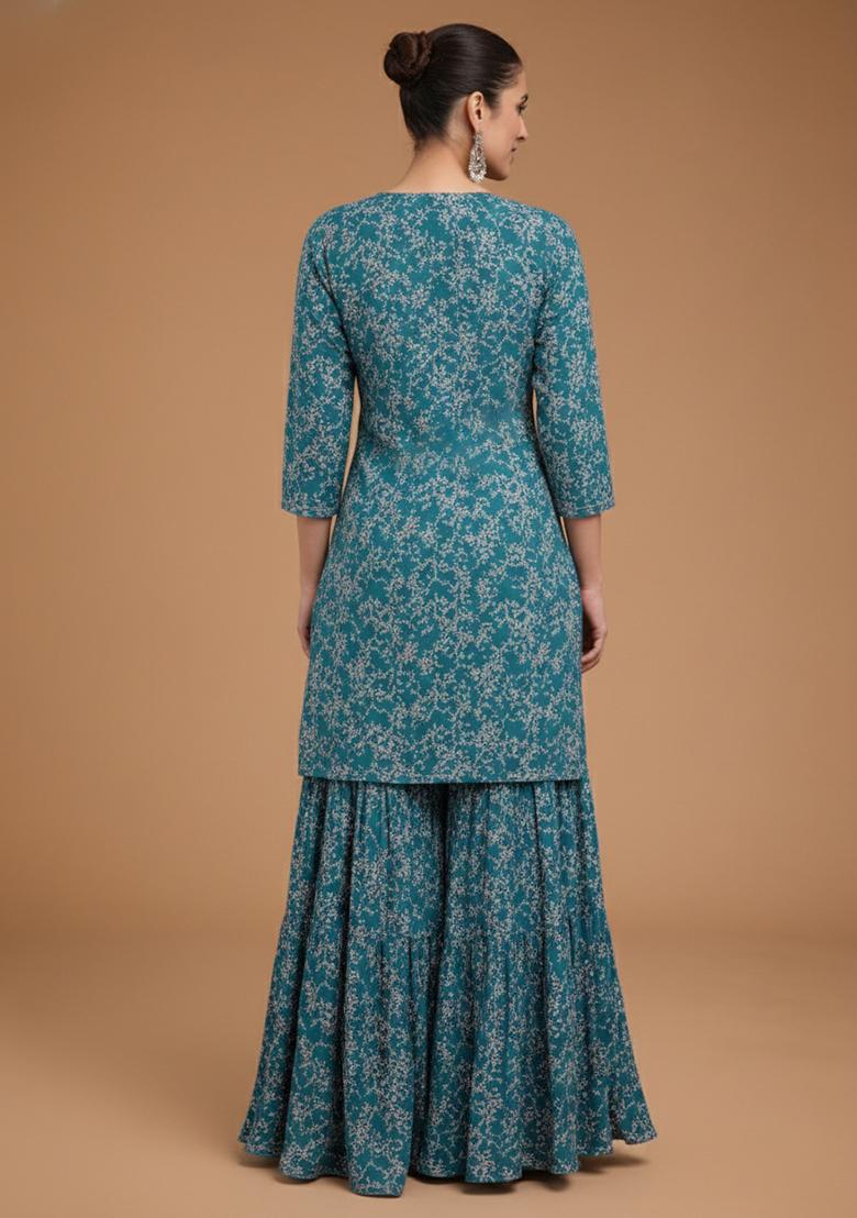 Teal Blue Embroidered Crepe Sharara Set - Indya