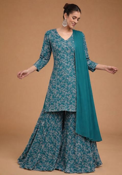 Teal Blue Embroidered Crepe Sharara Set