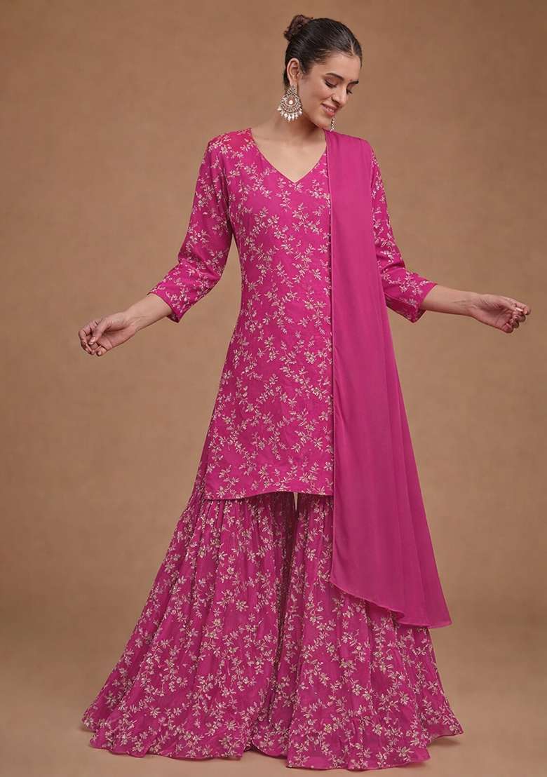 Pink Embroidered Crepe Sharara Set - Indya