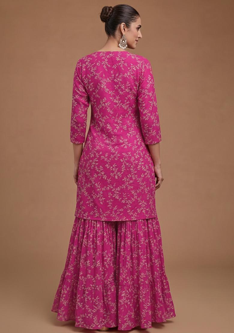 Pink Embroidered Crepe Sharara Set - Indya