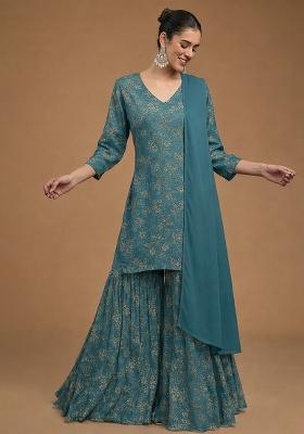 Teal Blue Embroidered Net Sharara Set