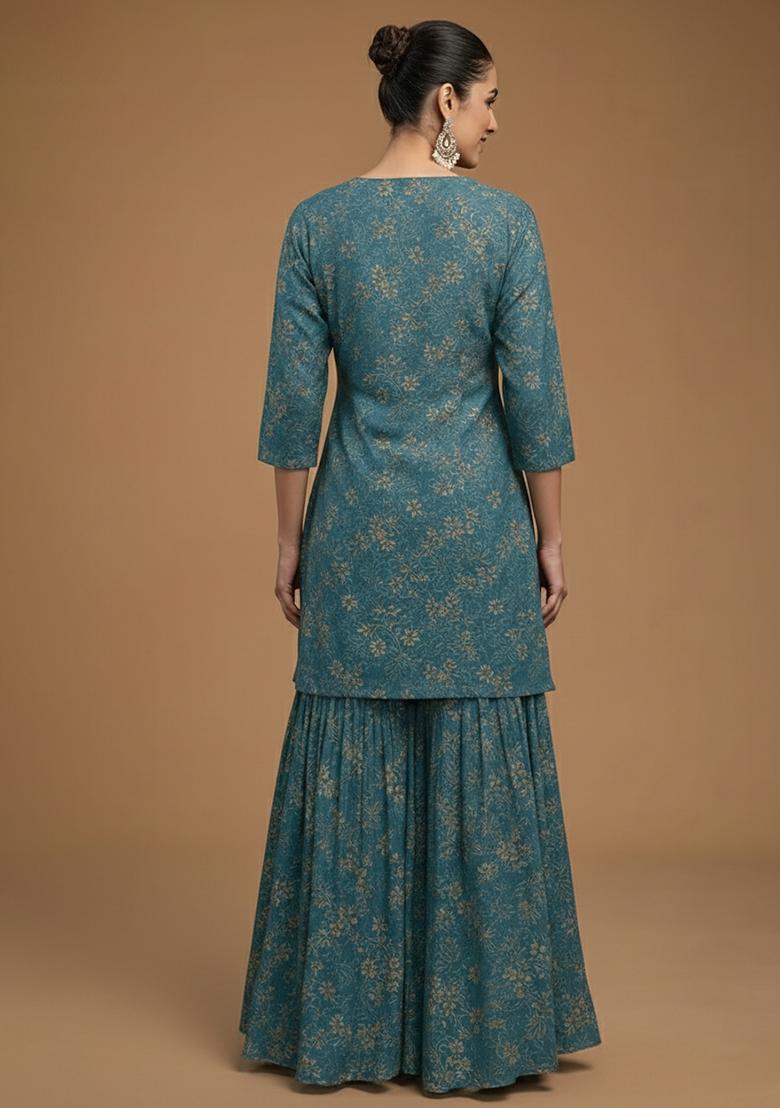 Teal Blue Embroidered Net Sharara Set - Indya