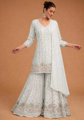 Off white Embroidered Crepe Sharara Set