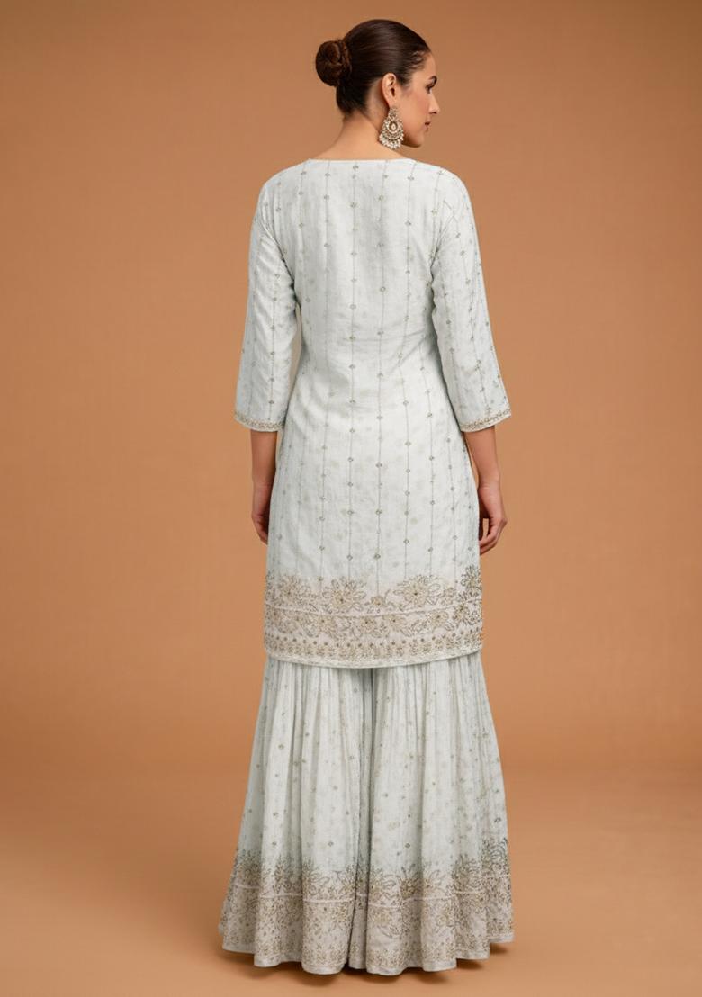 Off white Embroidered Crepe Sharara Set - Indya