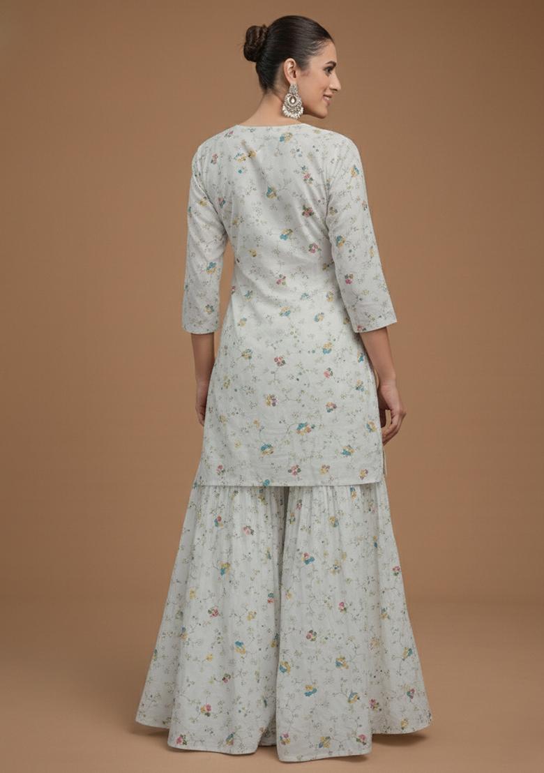 Off white Embroidered Tissue Sharara Set - Indya