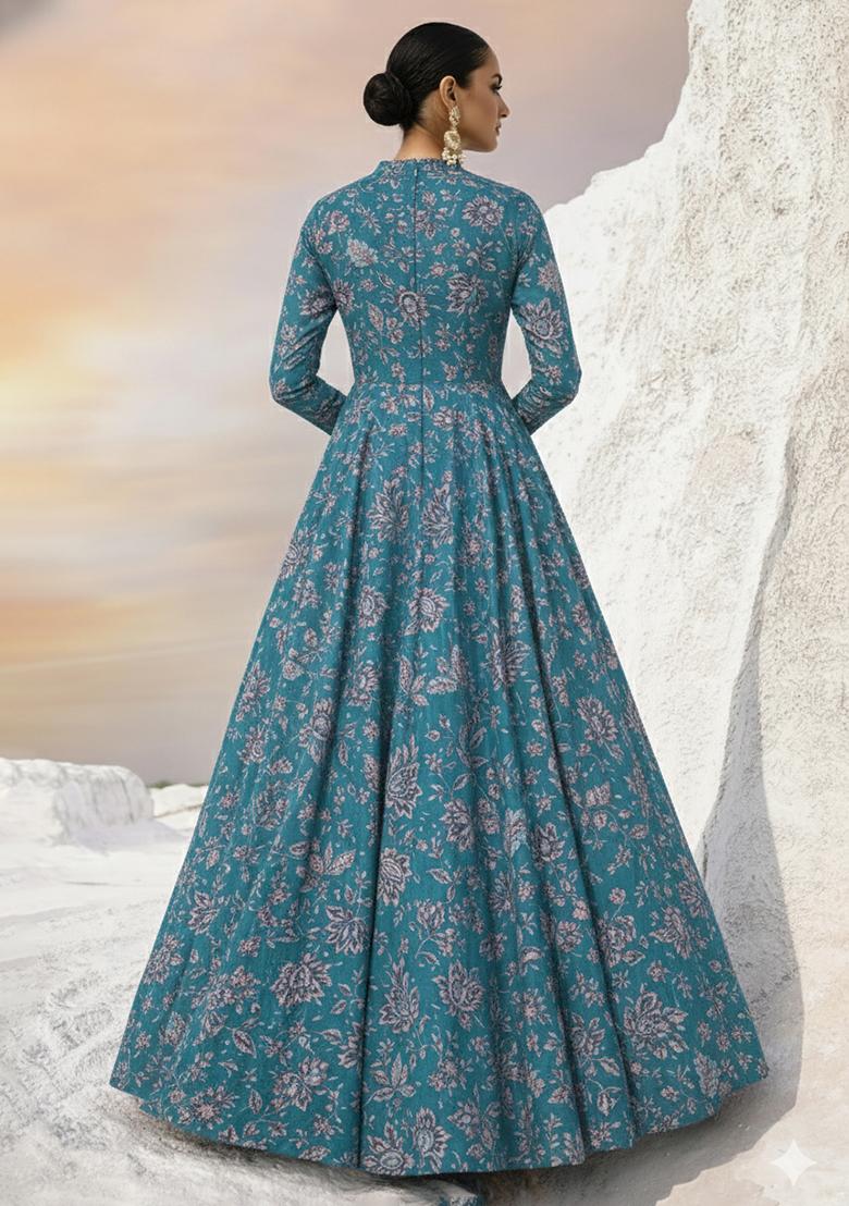 Teal Blue Floral Print Crepe Anarkali With Dupatta - Indya