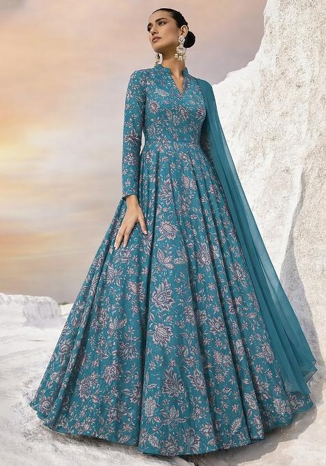 Teal Blue Floral Print Crepe Anarkali With Dupatta