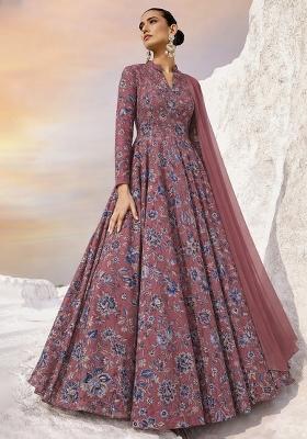 Wine Floral Print Crepe Anarkali With Dupatta