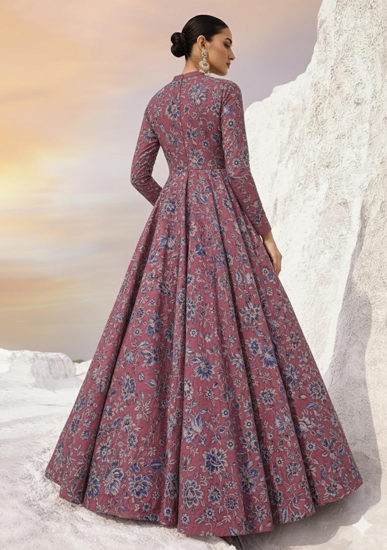 Wine Floral Print Crepe Anarkali With Dupatta - Indya
