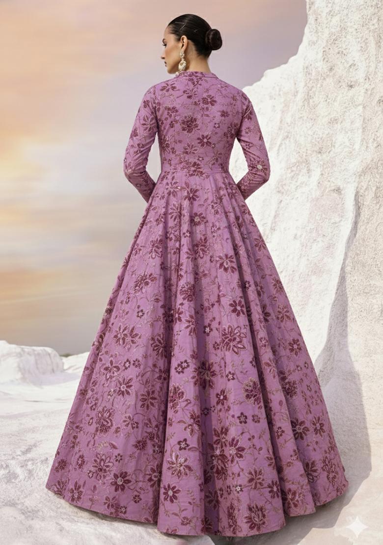 Pink Floral Print Crepe Anarkali With Dupatta - Indya