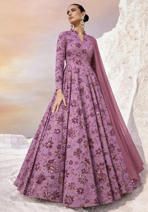 Pink Floral Print Crepe Anarkali With Dupatta
