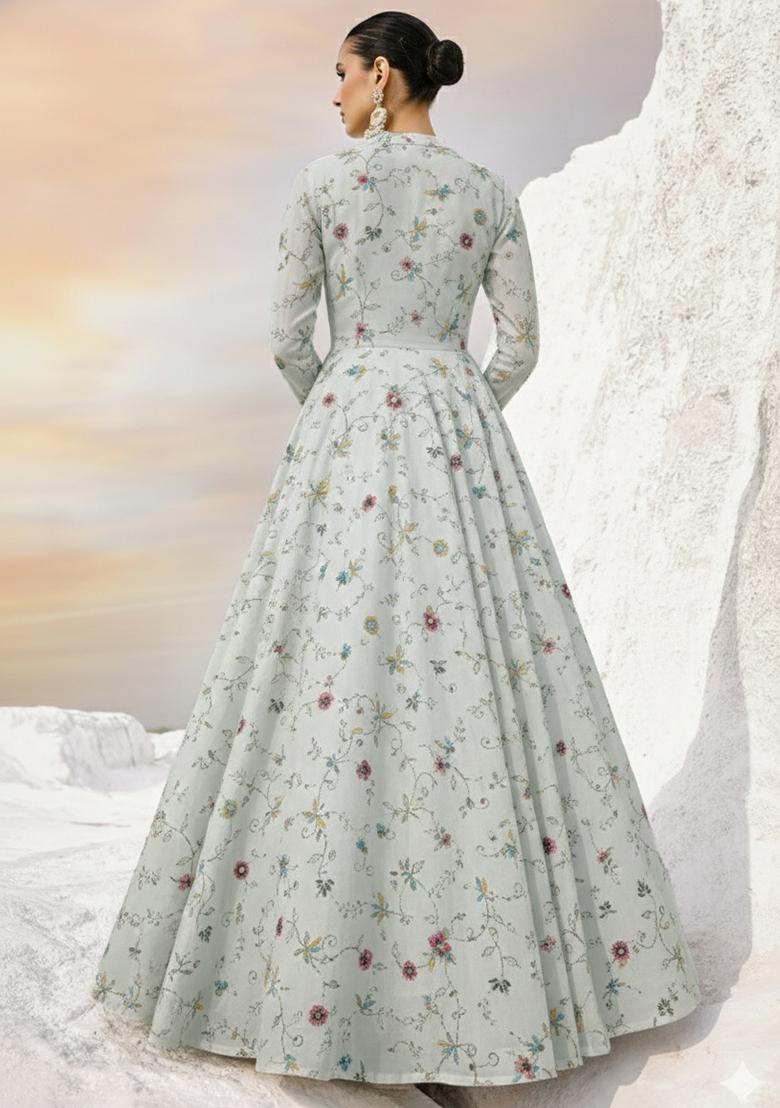 Off white Embroidered Tissue Anarkali With Dupatta - Indya